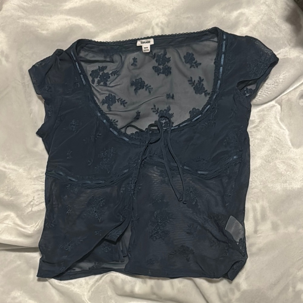 Garage Navy Fitted Tie Front Blouse